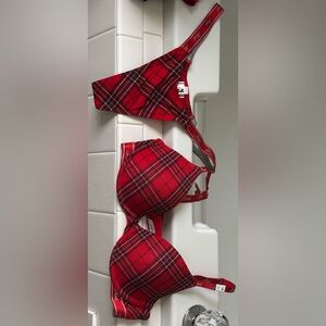 Victoria's Secret PINK Red Green Plaid Bra 34B & Medium Thongs Set NWT